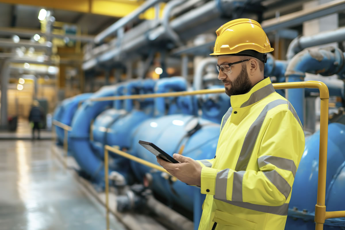 Engineer in plant room conducting assessment for water safety planning Engineer in plant room conducting assessment for water safety planning