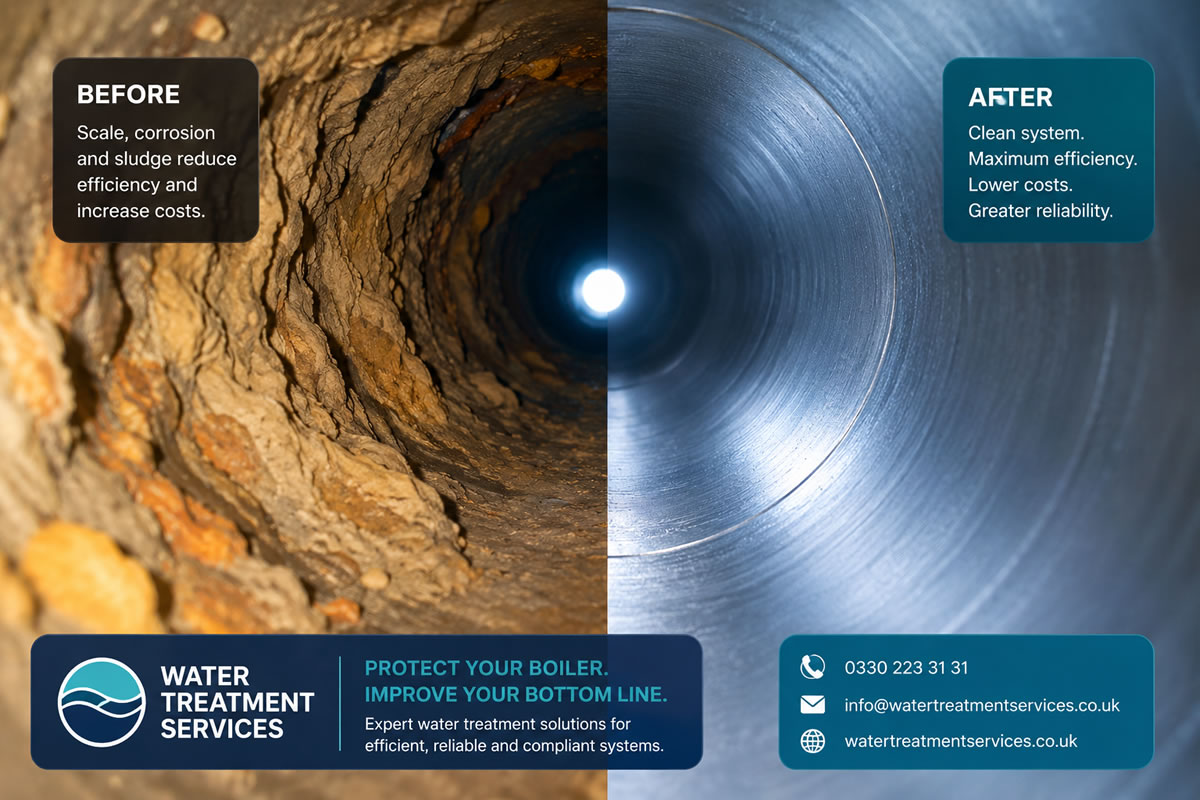 Before and after photo showing heavily scaled steam boiler pipework