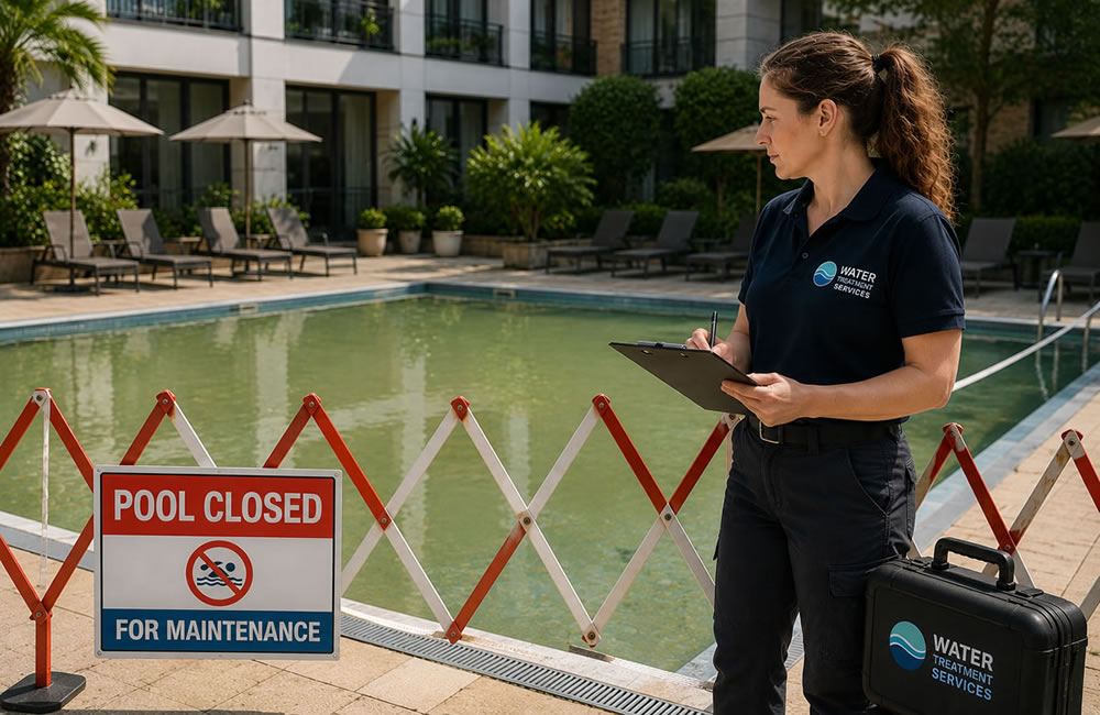 Water Treatment Services engineer inspecting a closed hotel swimming pool with cloudy water prior to carrying out water sampling and analysis.