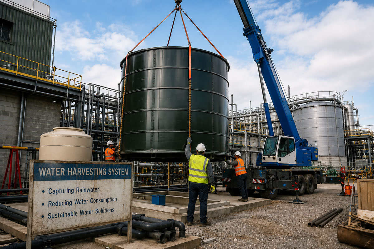 Installation of a commercial rainwater harvesting system on an industrial site to reduce water consumption and improve water efficiency.