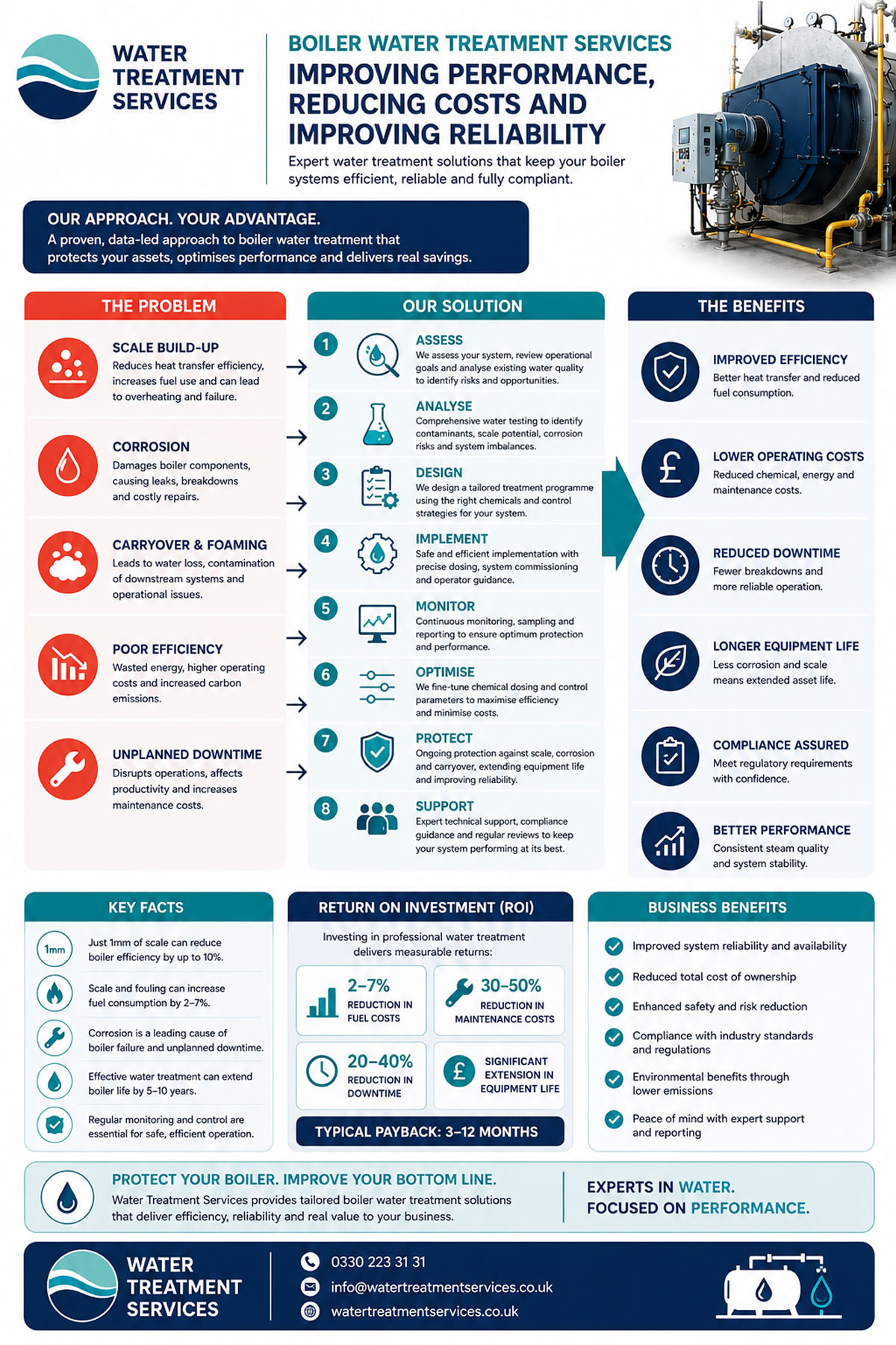 Diagram explaining Water Treatment Services approach to the management of industrial steam boiler systems highlighting the problems, solutions and benefits
