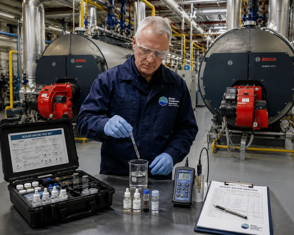 Experienced WTS water treatment service engineer completing boiler water testing in plant room housing two large Bosch steam boilers.
