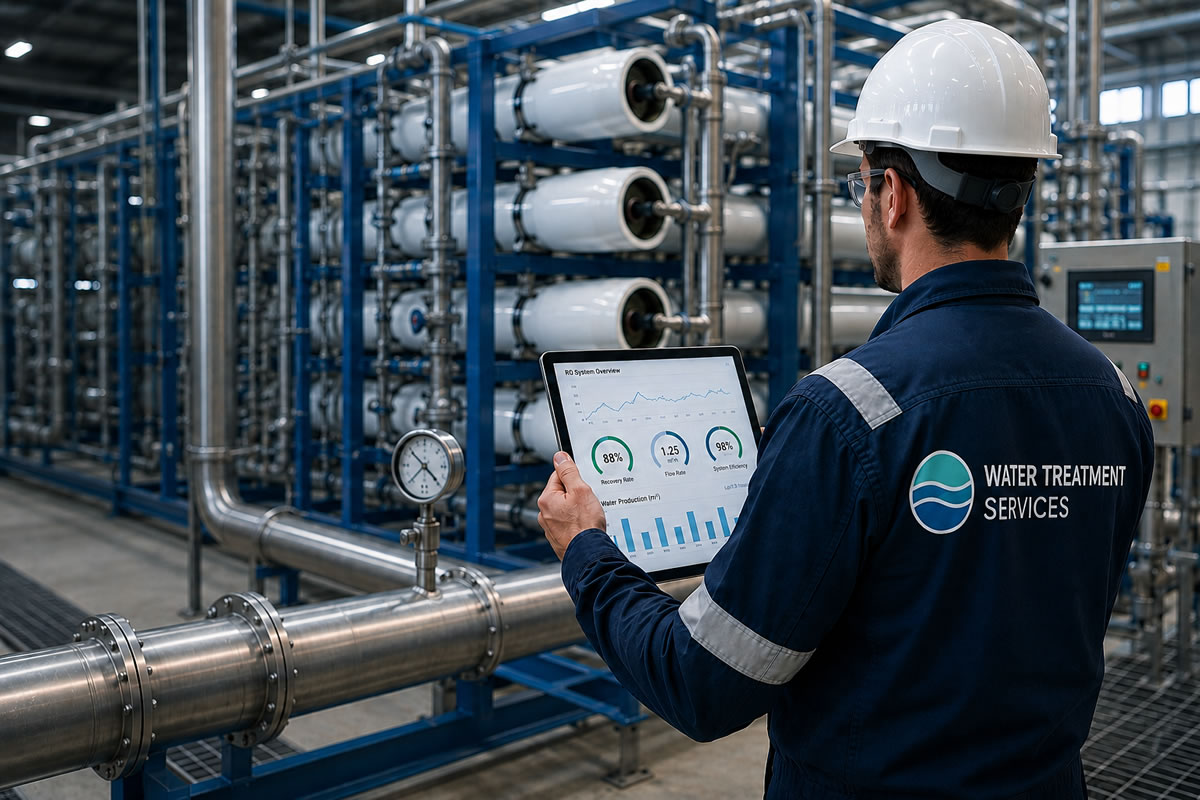 Water Treatment Services engineer inspecting a commercial reverse osmosis plant using a tablet to improve water efficiency and reduce water consumption.