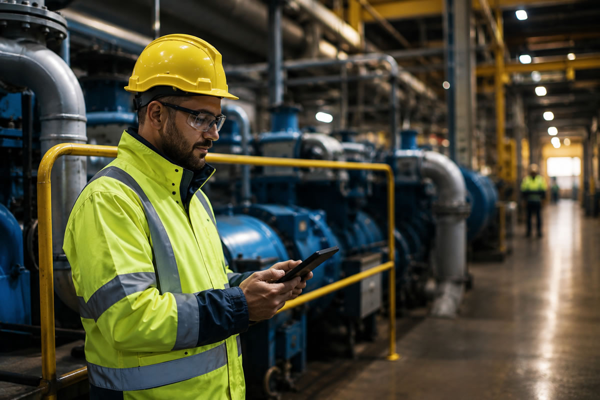 Male WTS engineer surveying large industrial plant installation for new water treatment programme