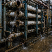 Old industrial water treatment process plant with leaking pipework highlighting water loss and the need to reduce water consumption through improved water treatment.
