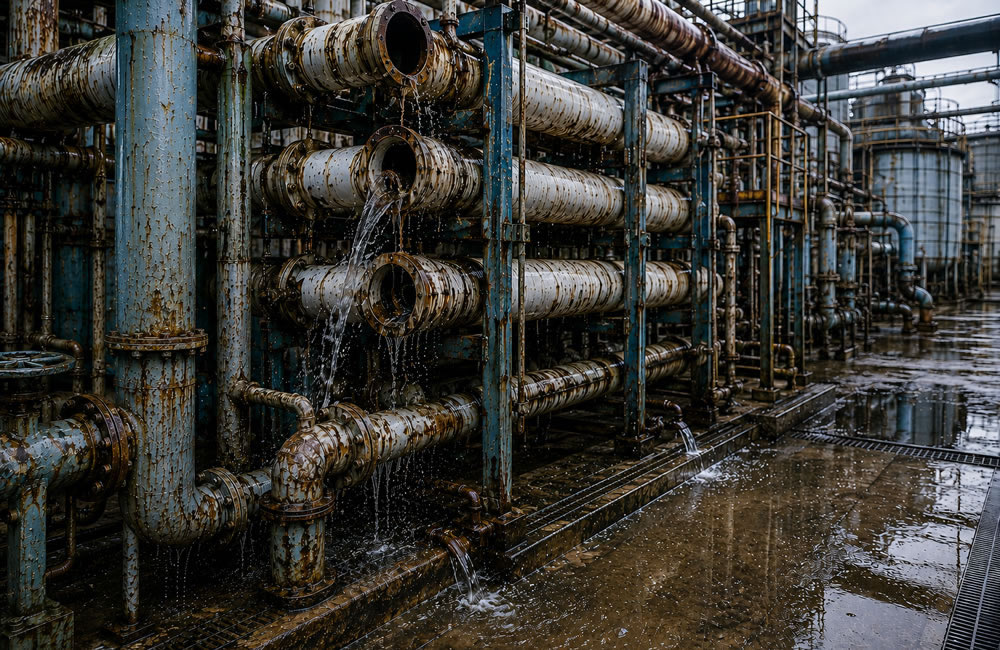 Old industrial water treatment process plant with leaking pipework highlighting water loss and the need to reduce water consumption through improved water treatment.