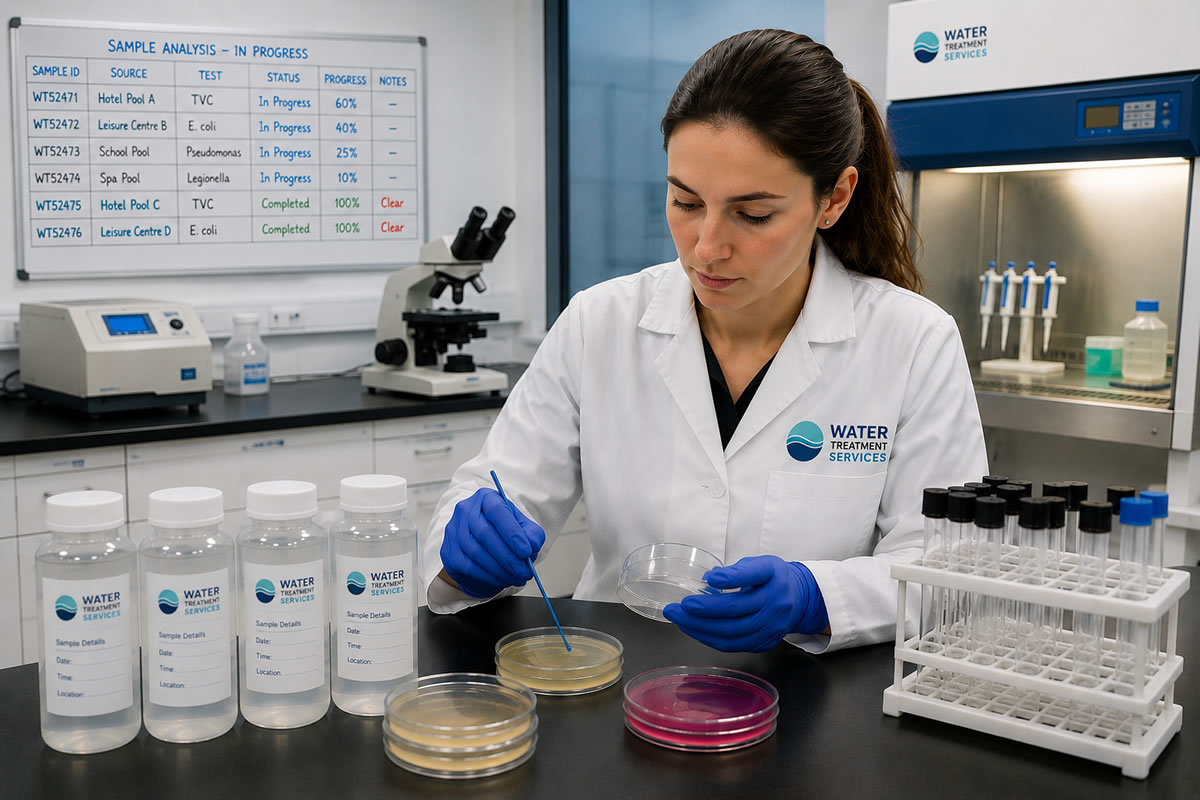 Swimming Pool Water Microbiological Analysis by Water Treatment Services Water Treatment Services laboratory technician performing microbiological analysis of swimming pool water samples in a UK laboratory.