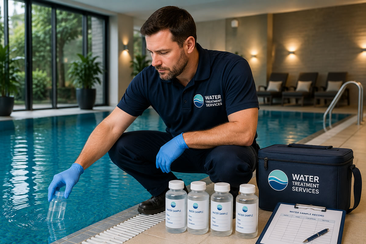 Swimming Pool Water Testing at a UK Hotel by Water Treatment Services Water Treatment Services technician collecting swimming pool water samples for laboratory analysis at a UK hotel swimming pool.