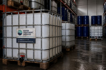 Water treatment chemicals stored at Water Treatment Services UK manufacturing facility