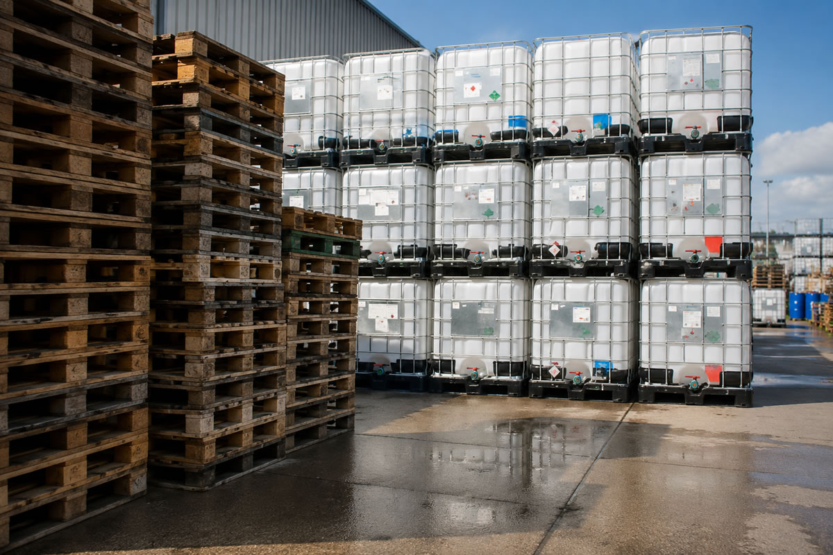 Water treatment chemicals stored in IBC containers ready for export