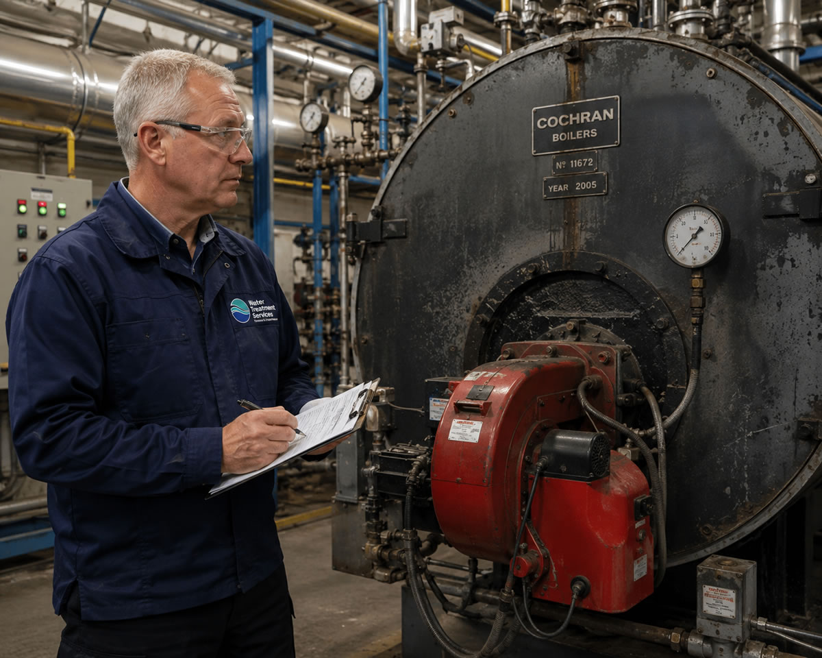 Water Treatment Services boiler consultant completing site survey of 2005 Cochran boiler in plant room