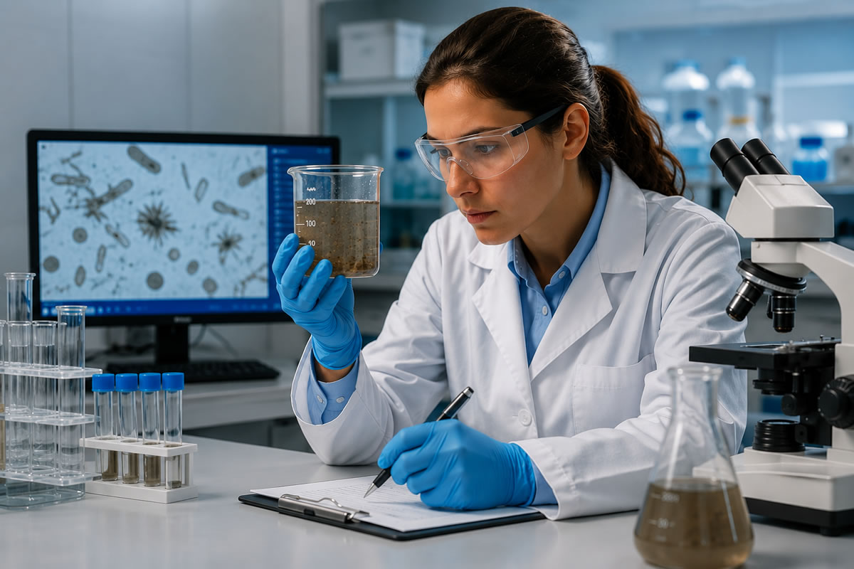 Scientist Testing Contaminated Water for Waterborne Pathogens Scientist analysing a contaminated water sample in a laboratory to identify waterborne pathogens and microorganisms that can cause waterborne diseases.