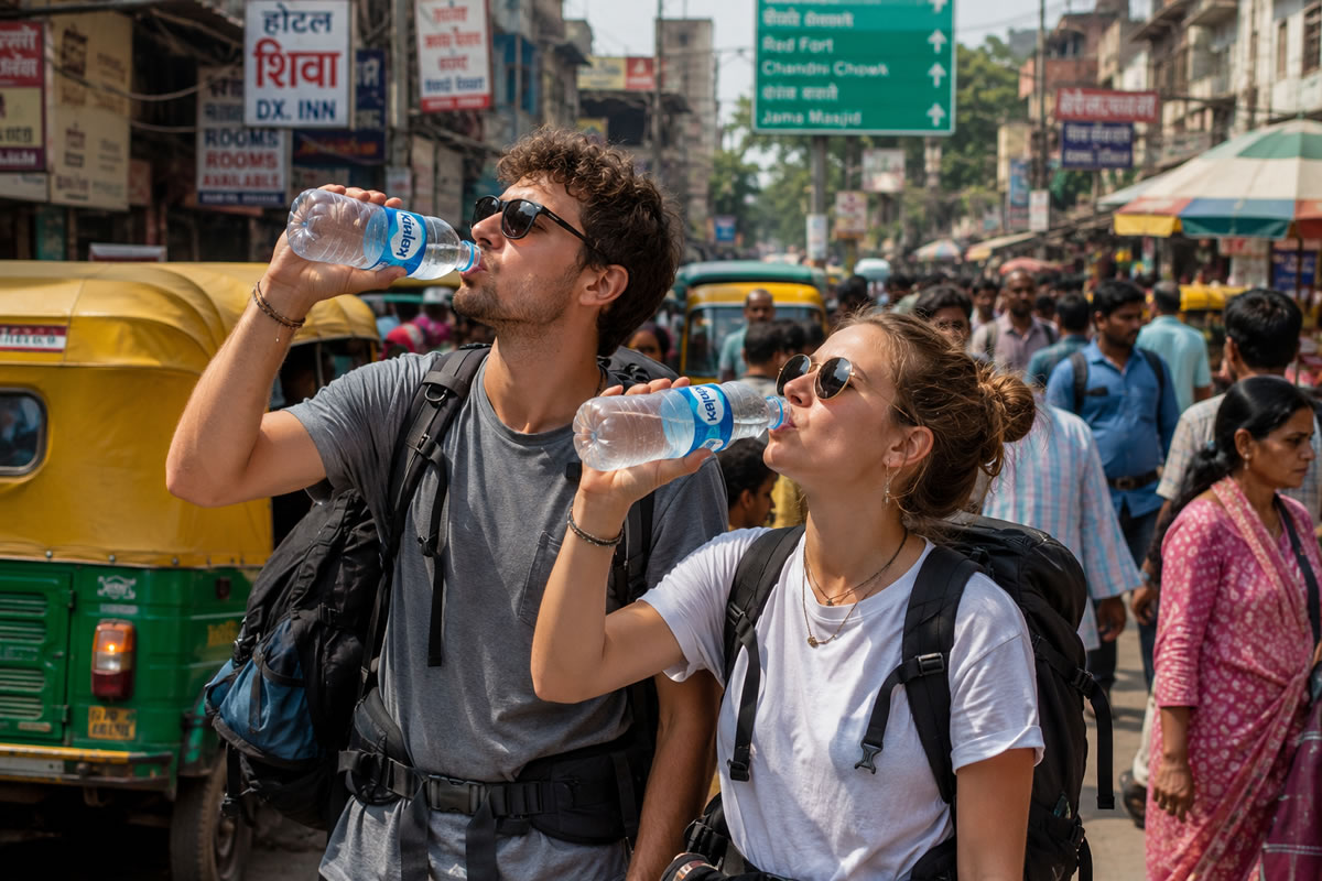 Tourists Drinking Bottled Water on a Busy Street in India Two young backpackers drinking sealed bottled water while exploring a busy street in India, demonstrating a safe way to reduce the risk of waterborne diseases when travelling.