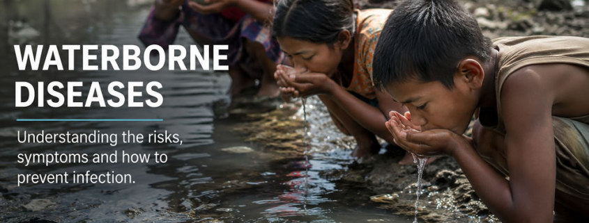 People drinking untreated water from a contaminated surface water source, illustrating the risks of waterborne diseases caused by unsafe drinking water.