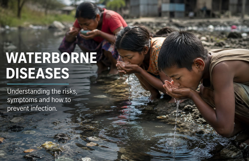 People drinking untreated water from a contaminated surface water source, illustrating the risks of waterborne diseases caused by unsafe drinking water.